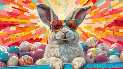Stylized Trendy Easter Bunny Lounging in a Colorful Car Surrounded by Decorative Eggs and Sunset Hues