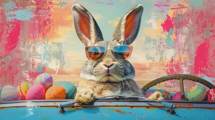 Cheeky Easter Bunny in Trendy Sunglasses Relaxing in Car Surrounded by Colorful Eggs and Matisse Inspired Sunset Elements - obrazy, fototapety, plakaty