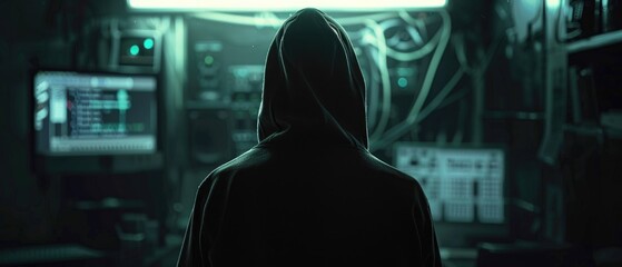 Hyperrealistic depiction of a shadowy hacker, cloaked in a hoodie, in the confines of a dark room - obrazy, fototapety, plakaty