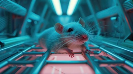Hyperrealistic and scifi inspired lab scene, a rat with artificially augmented intelligence