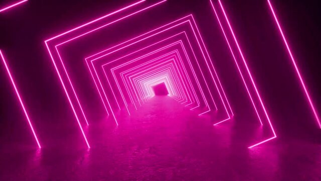 Explore a long tunnel illuminated by pink neon lights, creating a futuristic and vibrant atmosphere. 4K 3D Animation Loop Futuristic Sci Fi Lines