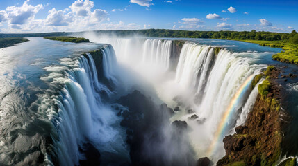  rainbow above the brilliant waterfall, with clear water flowing fast Generate AI - obrazy, fototapety, plakaty