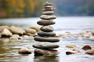 Deurstickers Stacked stones water. Zen relaxation natural outdoor lake. Generate Ai © juliars