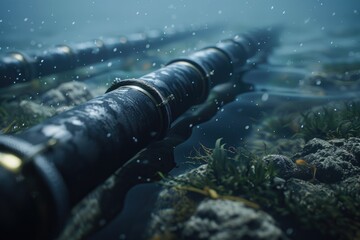 The unseen backbone of the internet, submarine fiberoptic cable, in hyperrealistic underwater detail - obrazy, fototapety, plakaty