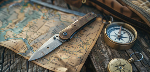 Compact hiking pocket knife in hyperrealistic detail, alongside a trail map and compass - obrazy, fototapety, plakaty