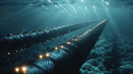 Detailed hyperrealistic submarine cable, pulsing with data lights deep under the sea - obrazy, fototapety, plakaty