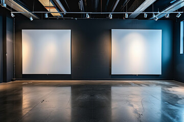 Gallery walls painted in a cool, matte black, hosting two oversized blank canvases. Ambient lighting casts a subtle glow, with a sleek, polished concrete floor below.