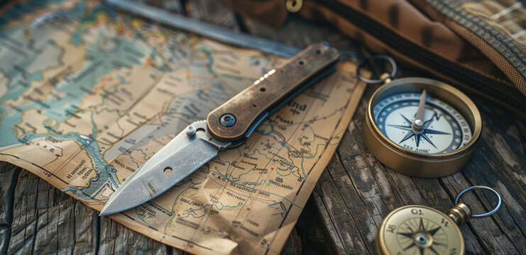 Compact hiking pocket knife in hyperrealistic detail, alongside a trail map and compass