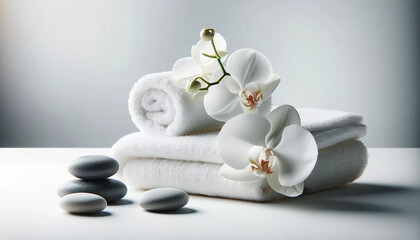 A tranquil spa still life setting featuring a delicate orchid, fluffy towels, and polished massage stones, all beautifully arranged