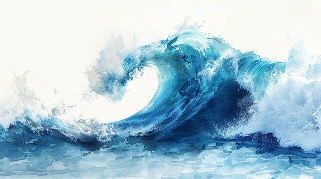 Vivid Ocean Wave Watercolor on White Background