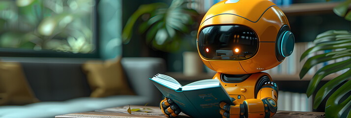 Education banner. Cute artificial intelligence robot reading a book. Machine learning concept.