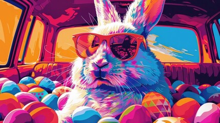 Cool Easter Bunny Chilling in a Pop Art Car Filled with Colorful Eggs and Geometric Patterns - obrazy, fototapety, plakaty