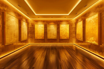 Luxe, golden amber gallery walls with six blank canvases, illuminated by recessed golden lighting for a rich, warm effect. The floor is a glossy, dark hardwood, enhancing the golden hues. - obrazy, fototapety, plakaty