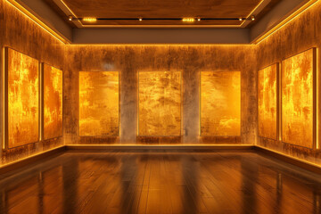Luxe, golden amber gallery walls with six blank canvases, illuminated by recessed golden lighting for a rich, warm effect. The floor is a glossy, dark hardwood, enhancing the golden hues.