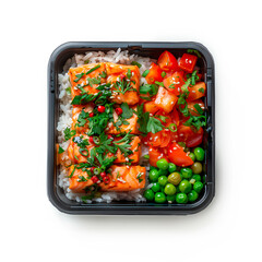 Lunch box with delicious food isolated on a white background. Salmon with vegetables.