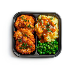 Lunch box with delicious food isolated on a white background. Mashed potatoes with vegetables.