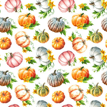 Autumn pumpkin harvest. Hand drawn watercolor seamless pattern isolated  on white background