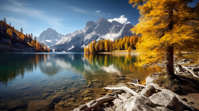   Awesome sunny autumn day at mountain lake surrounded  reflections in the water , Generate AI