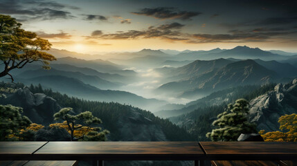   High rock mountain view wallpaper, with pine trees , with sunlight, Generate AI - Powered by Adobe