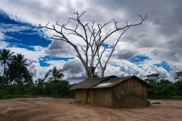 Fototapeta na wymiar Traditional Mud Hut with Thatched Roof Under Stormy Sky, African Savannah Landscape with Baobab Tree