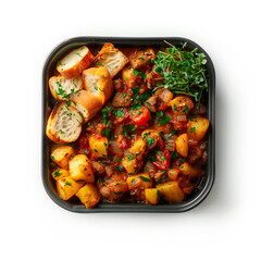 Lunch box with delicious food isolated on a white background. Roast potatoes with meat