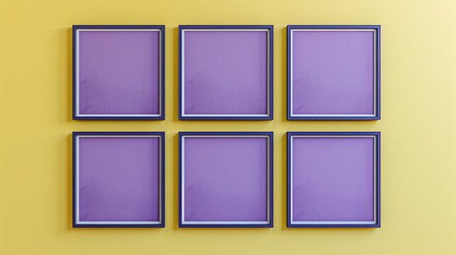 Nine minimalist art gallery poster frame mockups in rich plum, displayed in a three-by-three grid on a solid pale yellow wall, combining deep, luxurious colors with a bright, inviting backdrop.