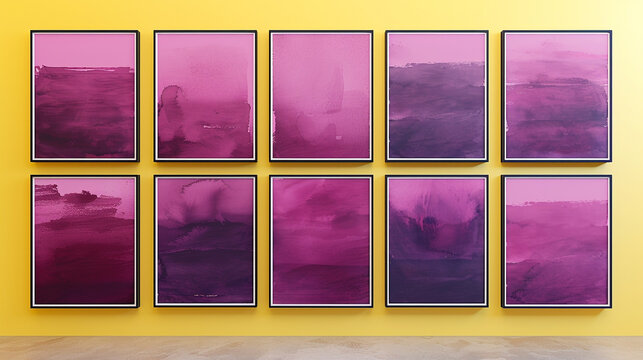 Nine minimalist art gallery poster frame mockups in rich plum, displayed in a three-by-three grid on a solid pale yellow wall, combining deep, luxurious colors with a bright, inviting backdrop.