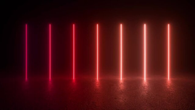 A 3D animation loop featuring futuristic sci-fi lines and neon tube lights glowing in a dark room with a red light in the middle. Glowing neon lines. 4K 3D Animation Loop