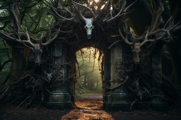 Deer stag waiting gateway. Amazing background. Generate Ai - obrazy, fototapety, plakaty