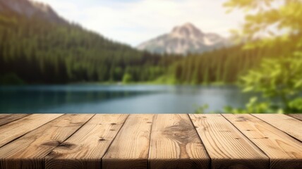 The empty wooden table top with blur background of summer lakes mountain. Exuberant image....
