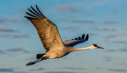 sandhill crane - Antigone canadensis -  adult in flight flying with wings extended, great feather detail blue sky background with white clouds © Chase D’Animulls