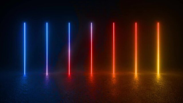 Explore a mesmerizing scene of glowing neon tube lights in the dark, creating a futuristic and sci-fi ambiance on a concrete floor. 4K 3D Animation Loop Futuristic Sci Fi Lines