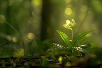 a delicate wildflower unfurling its petals in the dappled sunlight of the forest floor