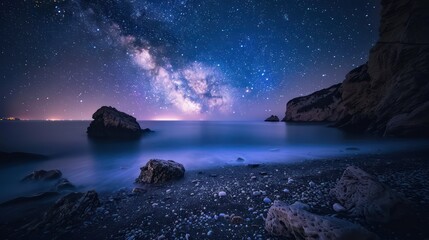 A mesmerizing view of the Milky Way galaxy stretching above a serene seascape with rocky cliffs under a night sky - obrazy, fototapety, plakaty