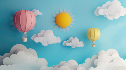 Obraz premium Paper art of air balloons on the blue sky with clouds and sun