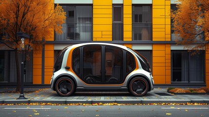 Autonomous Electric Vehicle Parked in Front of a Modern Orange Building in Autumn - obrazy, fototapety, plakaty