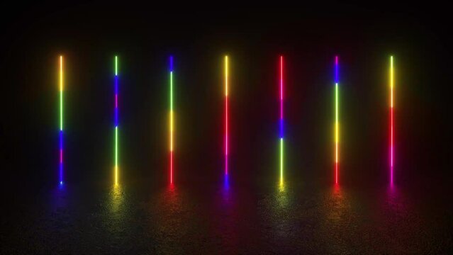 4K group of neon sticks glowing on a concrete floor, futuristic and sci-fi atmosphere. Vertical glowing lines, ultraviolet spectrum, neon lights, laser show, virtual reality. 3d animation loop