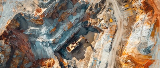 An excavator stands prominently in the midst of the multicolored layers of an expansive mine pit.