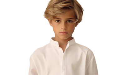 A young boy with short hair and long eyelashes is wearing a white dress shirt with rolledup sleeves, standing in front of a transparent background, making a gesture with his hand on transparent