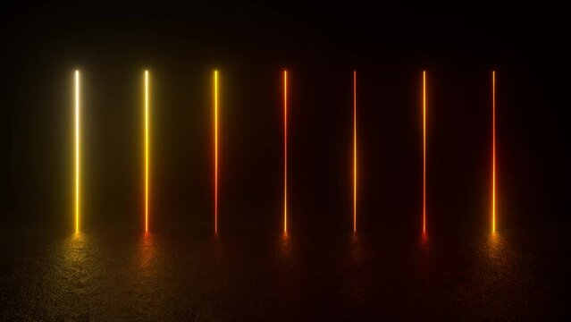 A group of futuristic neon tube lights glowing in the dark on a concrete floor. 4K 3D Animation Loop Futuristic Sci Fi Lines