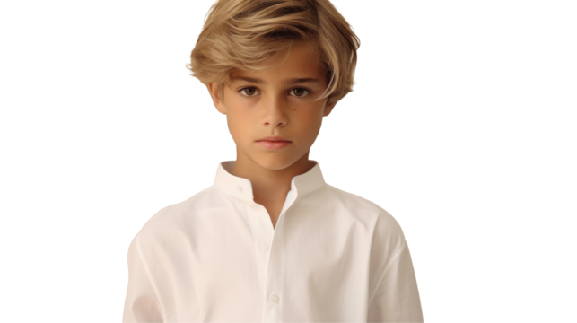A young boy with short hair and long eyelashes is wearing a white dress shirt with rolledup sleeves, standing in front of a transparent background, making a gesture with his hand on transparent - Powered by Adobe