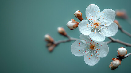 A close up of two white flowers on a branch. AI.