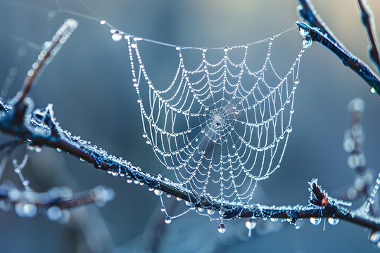 a spider's web adorned with dewdrops, shimmering in the morning light like a delicate lace veil suspended between branches