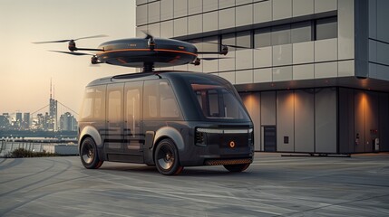 Autonomous Flying Electric Vehicle on Urban Rooftop at Sunset - obrazy, fototapety, plakaty