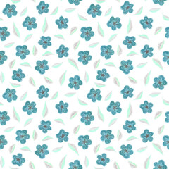 Simple pastel chalk kids illustrated style floral summer seamless pattern with little small blue flowers with grey cores and and leaves.Botanical background