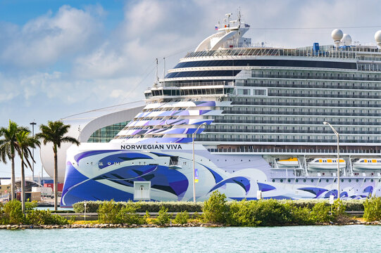 Miami, Florida, USA - 5 December 2023: Cruise ship Norwegian Viva docked in the port of Maimi