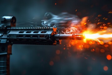 Shooting assault rifle, dynamic bullet trails, isolated on dark background, tactical banner, copy area , clean sharp