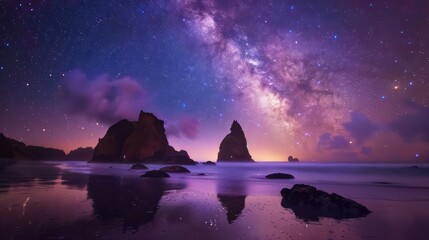 A breathtaking view of the Milky Way galaxy stretching over a peaceful beach with prominent rock formations and soft ocean tide under a starlit sky