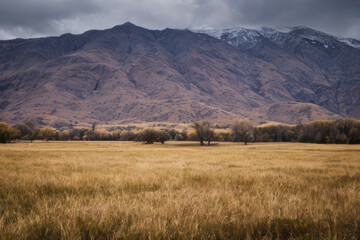Fototapeta premium Majestic mountains ablaze with autumn colors dominate a rural landscape under a cloudy sky