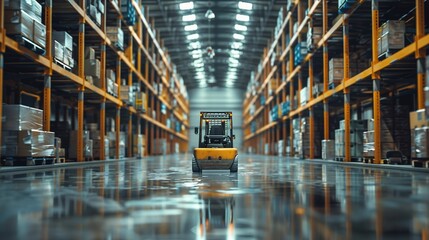Warehouse logistics visual, forklift carrying goods, vast storage background, wide format, text space , digital photography - obrazy, fototapety, plakaty